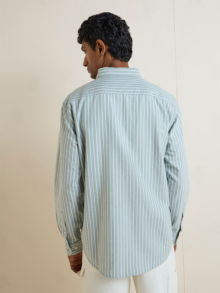 WES Casuals Dark Sage Striped Relaxed-Fit Cotton Shirt