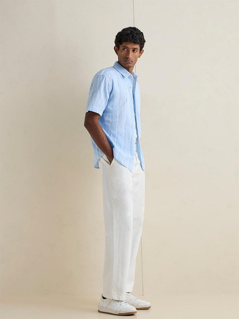 WES Casuals Light Blue Striped Relaxed-Fit Cotton-Blend Shirt
