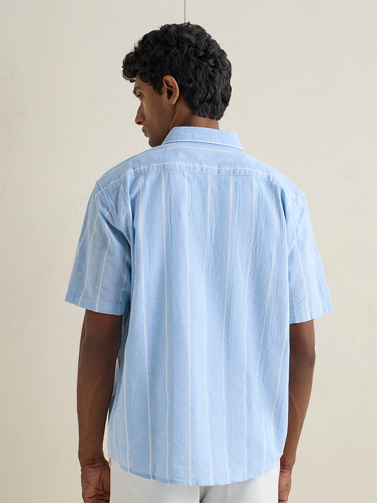 WES Casuals Light Blue Striped Relaxed-Fit Cotton-Blend Shirt