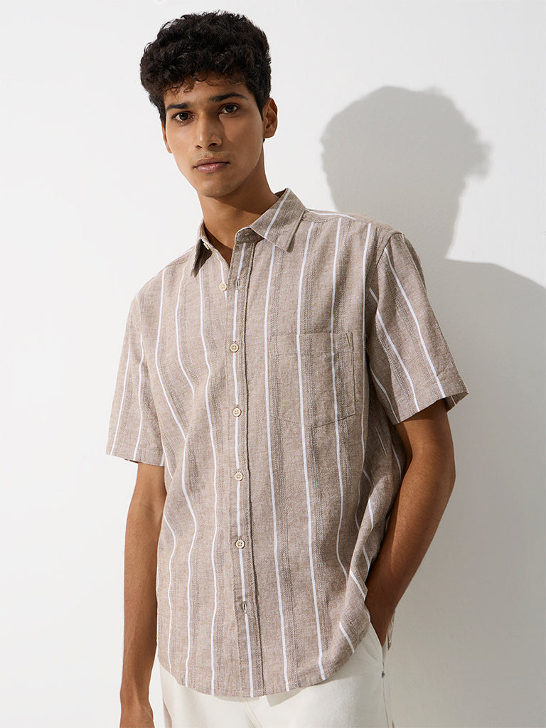 WES Casuals Dusty Taupe Striped Relaxed-Fit Cotton-Blend Shirt