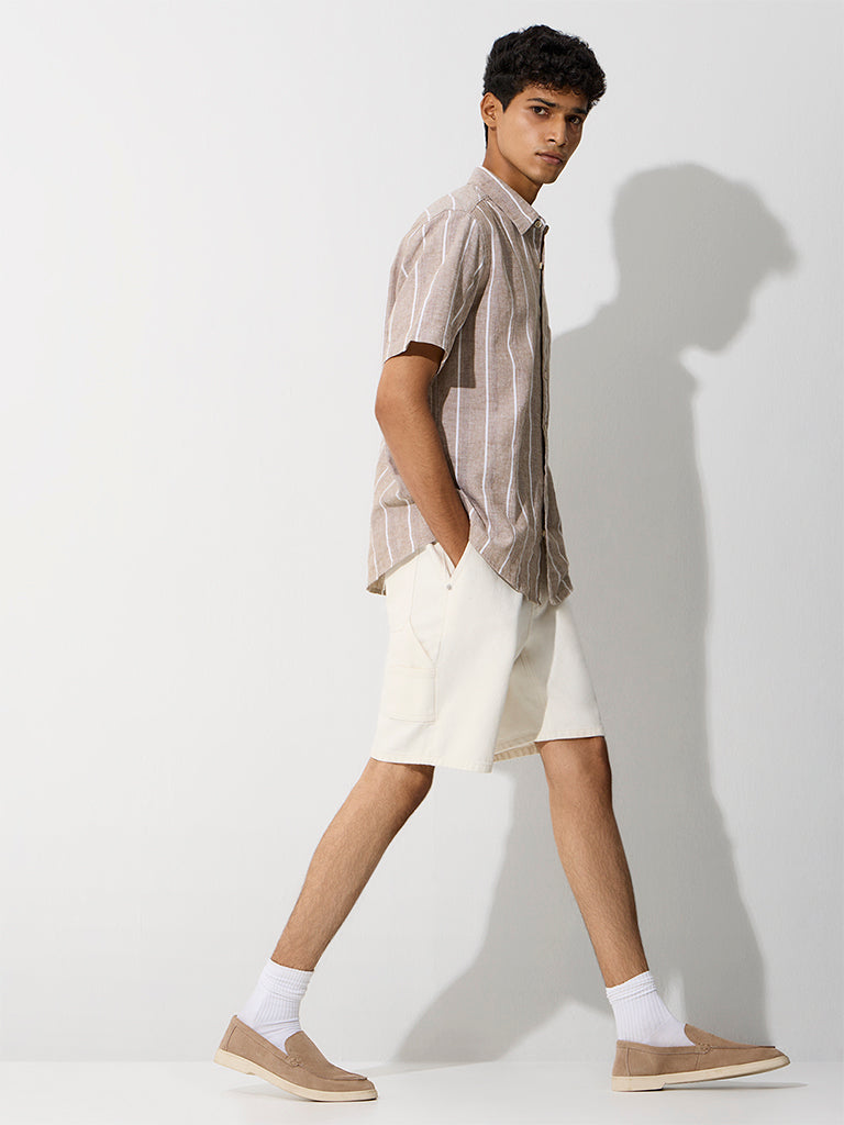 WES Casuals Dusty Taupe Striped Relaxed-Fit Cotton-Blend Shirt