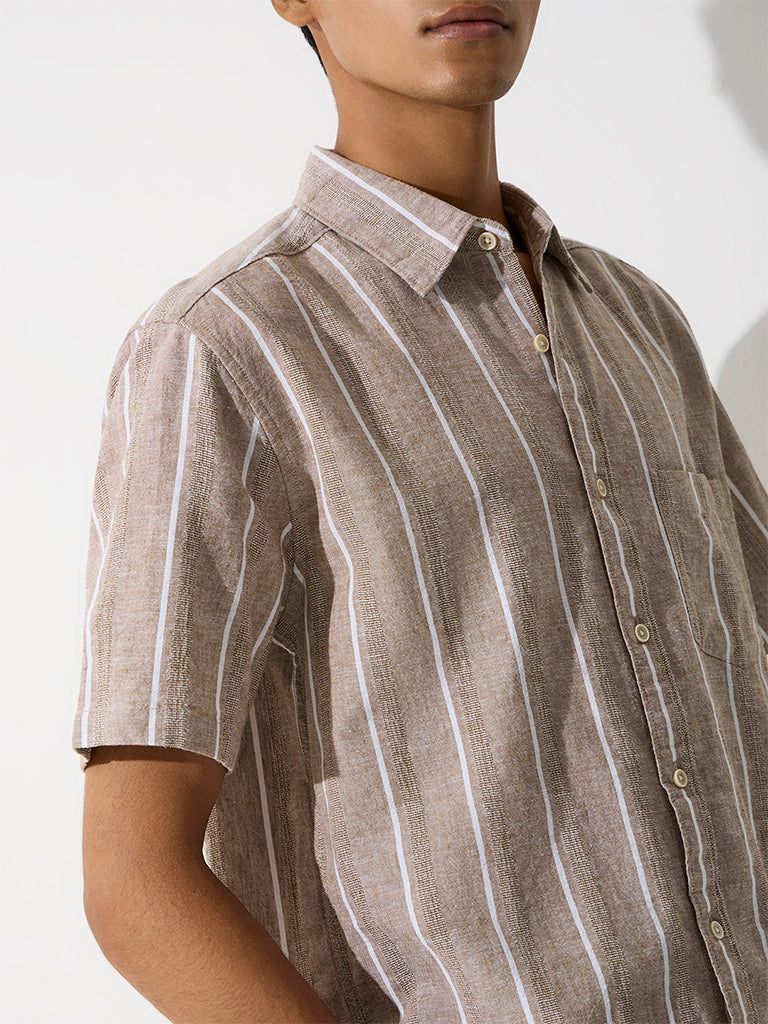 WES Casuals Dusty Taupe Striped Relaxed-Fit Cotton-Blend Shirt