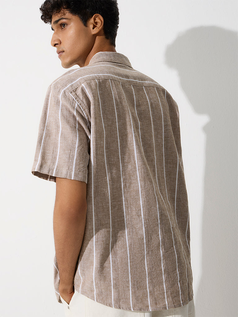 WES Casuals Dusty Taupe Striped Relaxed-Fit Cotton-Blend Shirt