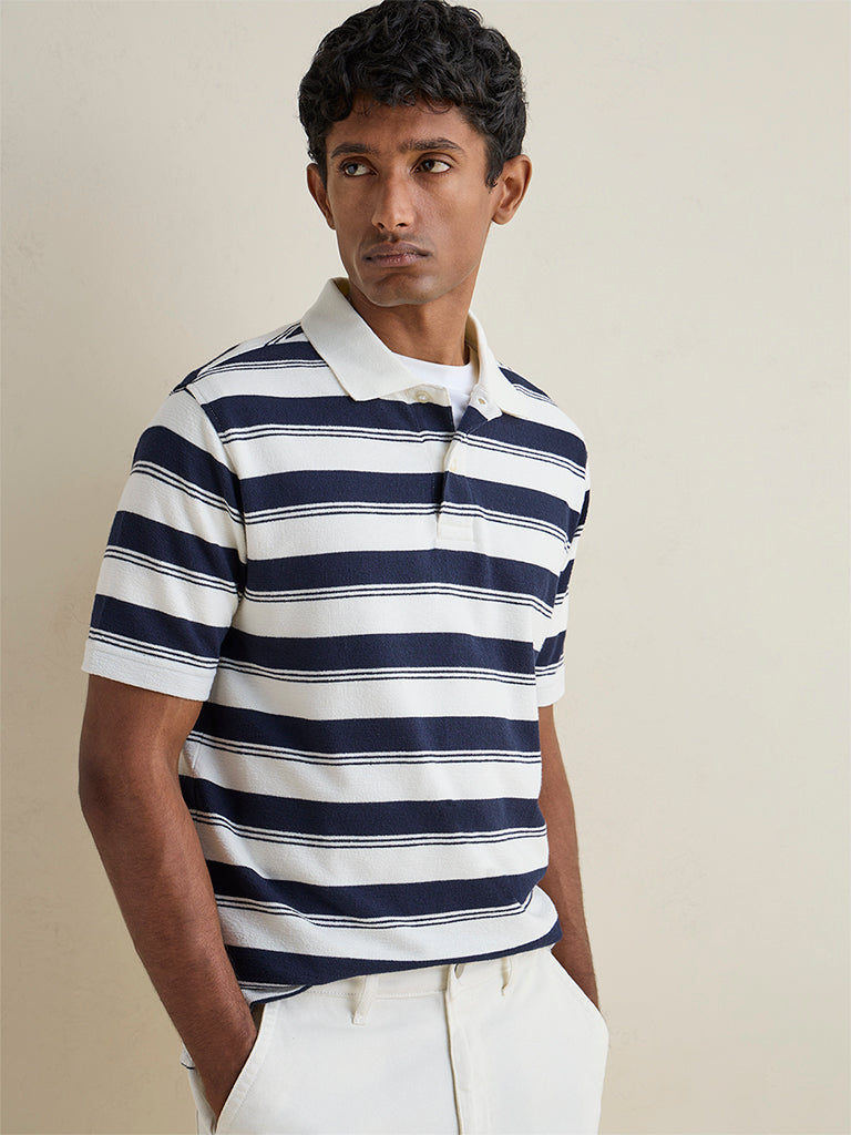 WES Casuals Navy Striped Relaxed-Fit Cotton Polo T-Shirt
