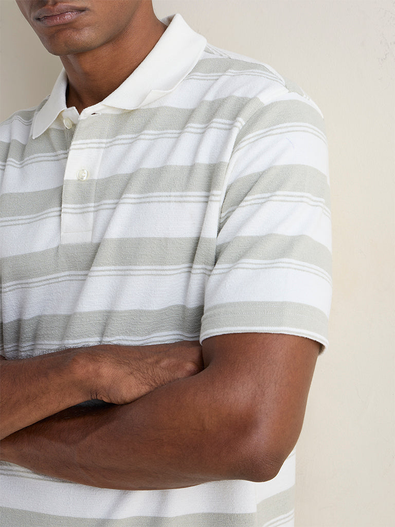 WES Casuals Sage Striped Relaxed-Fit Cotton Polo T-Shirt