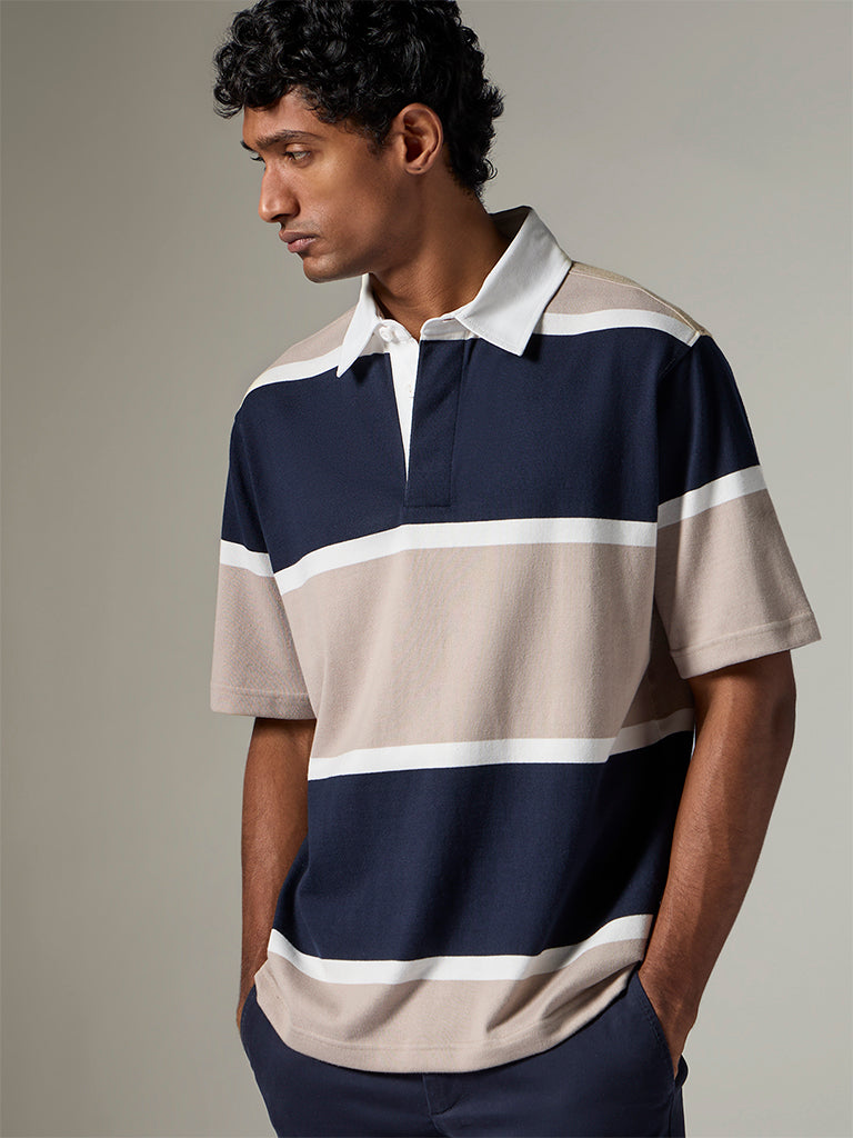 WES Casuals Navy Striped Relaxed-Fit Polo T-Shirt