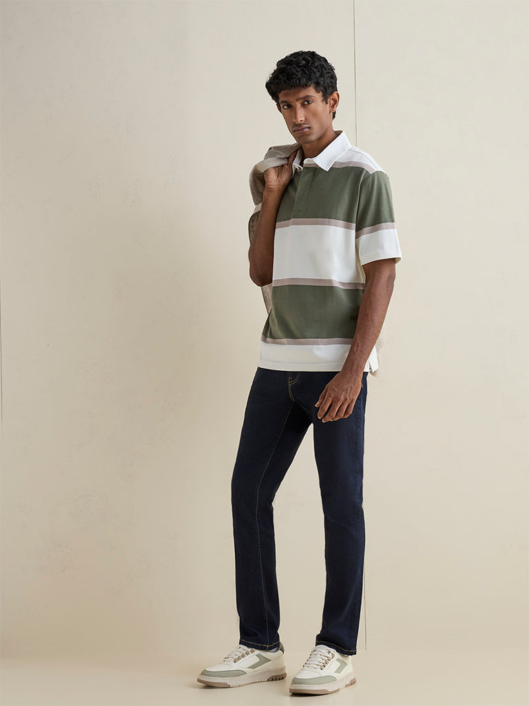 WES Casuals Sage Green Striped Relaxed-Fit Polo T-Shirt