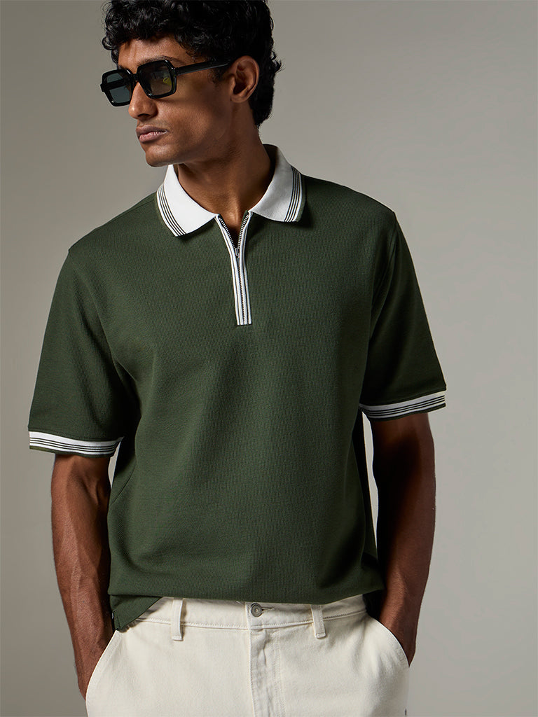 WES Casuals Green Relaxed-Fit Cotton-Blend Polo T-Shirt