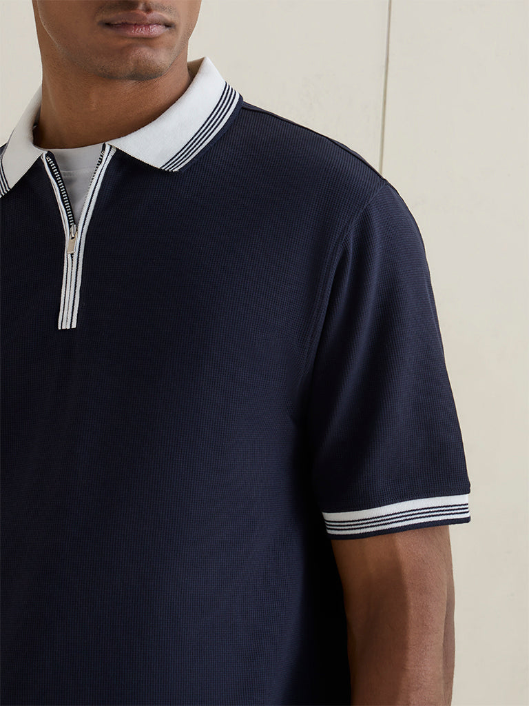 WES Casuals Navy Waffle-Textured Relaxed-Fit Cotton Polo T-Shirt