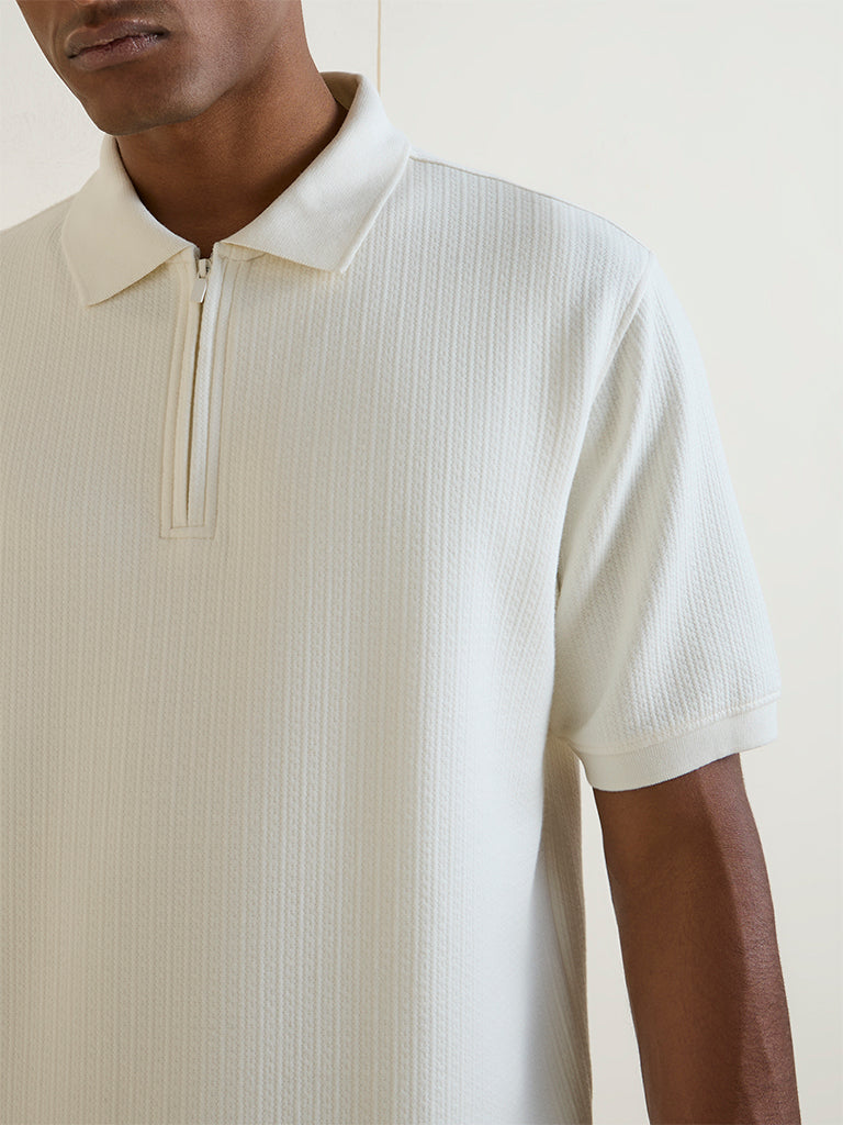 WES Casuals Off-White Textured Relaxed-Fit Cotton-Blend T-Shirt