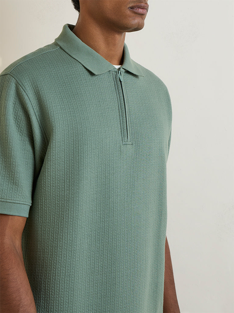 WES Casuals Sage Green Textured Relaxed-Fit Cotton-Blend T-Shirt