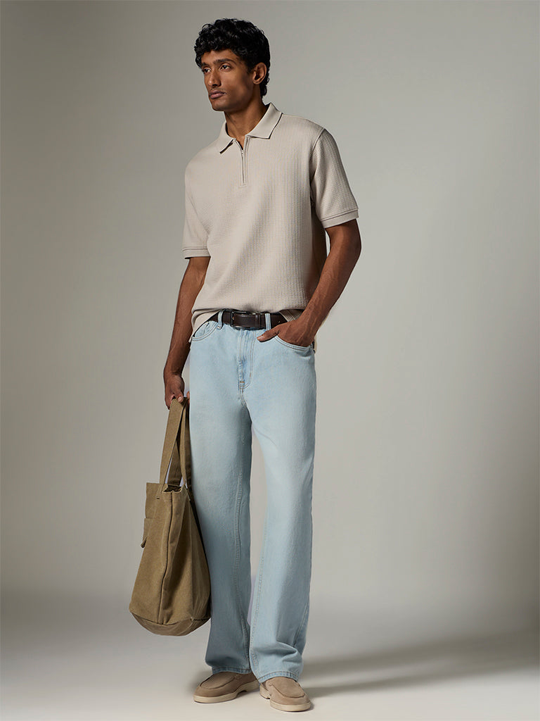 WES Casuals  Taupe Textured Relaxed-Fit Cotton-Blend Polo T-Shirt