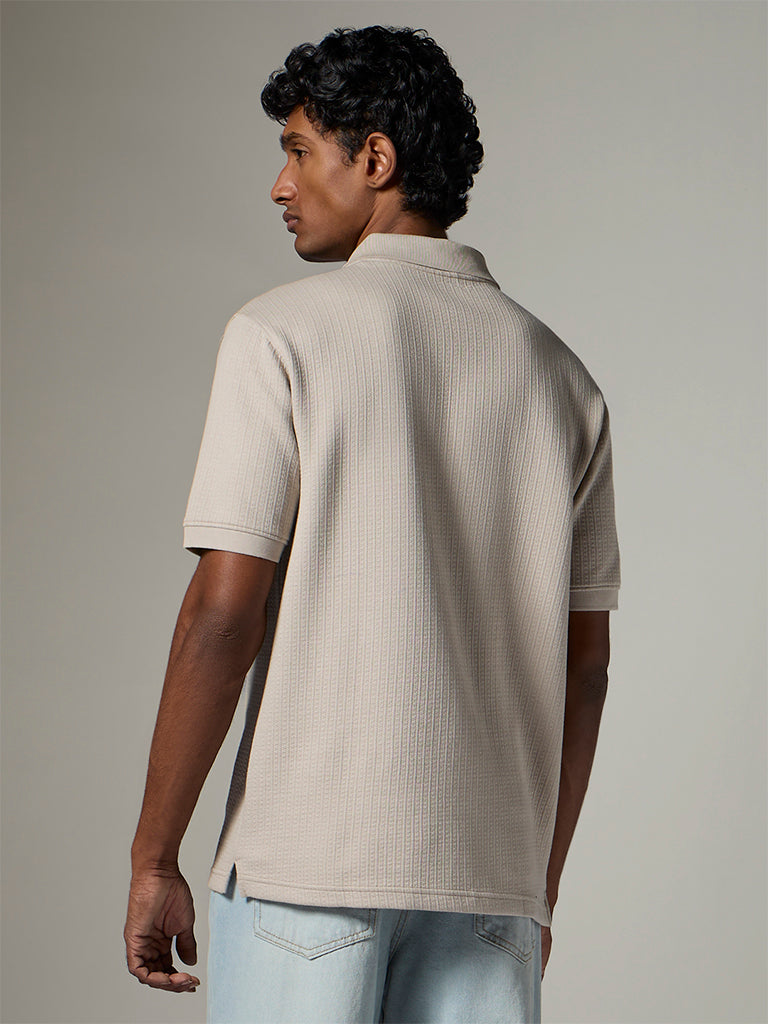 WES Casuals  Taupe Textured Relaxed-Fit Cotton-Blend Polo T-Shirt
