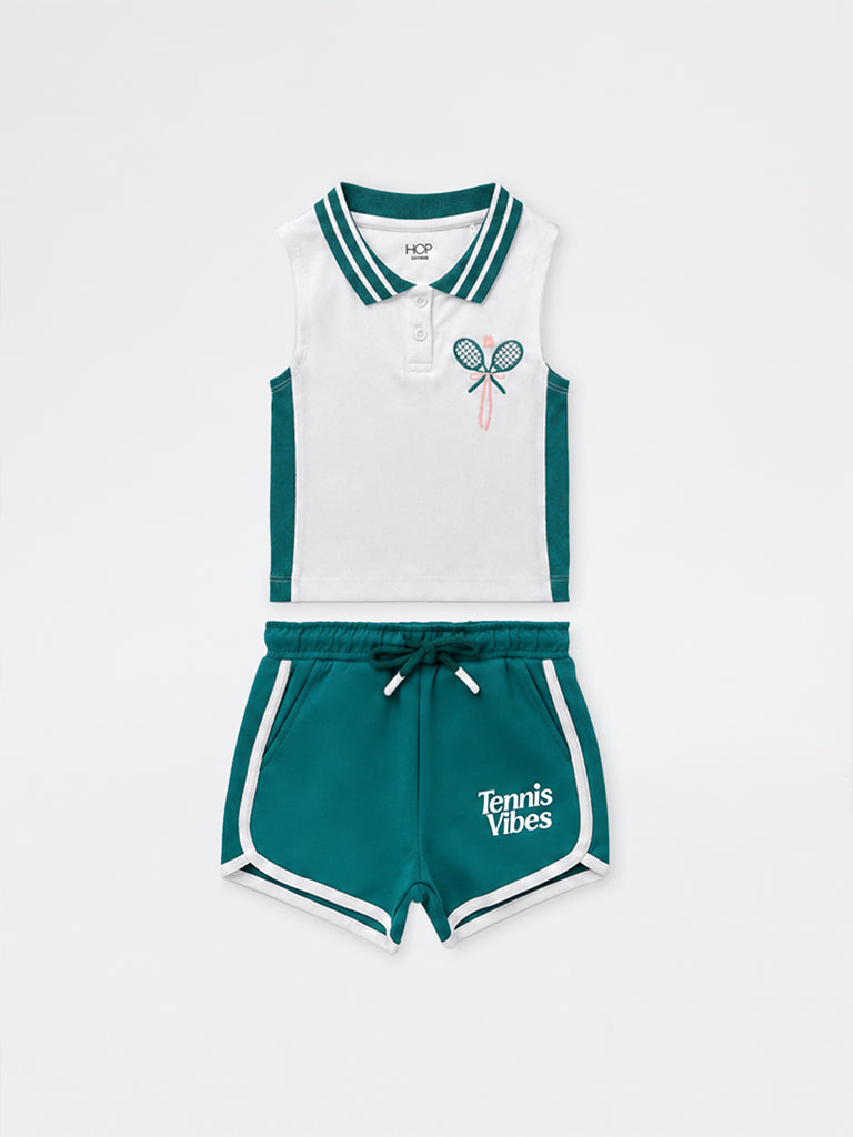 HOP Kids Girls White Tennis Embroidered Cotton Polo T-Shirt and Shorts Set