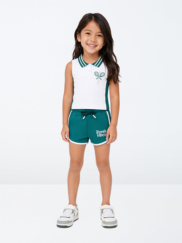 HOP Kids Girls White Tennis Embroidered Cotton Polo T-Shirt and Shorts Set
