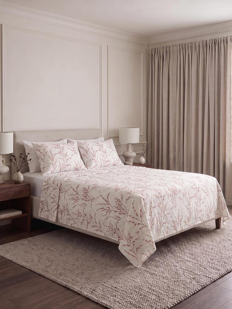 Westside Home Dusty Pink Foliage Printed Queen Bed Sheet Set