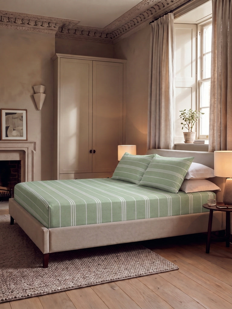 Westside Home Sage Striped Queen Fitted Bed Sheet Set