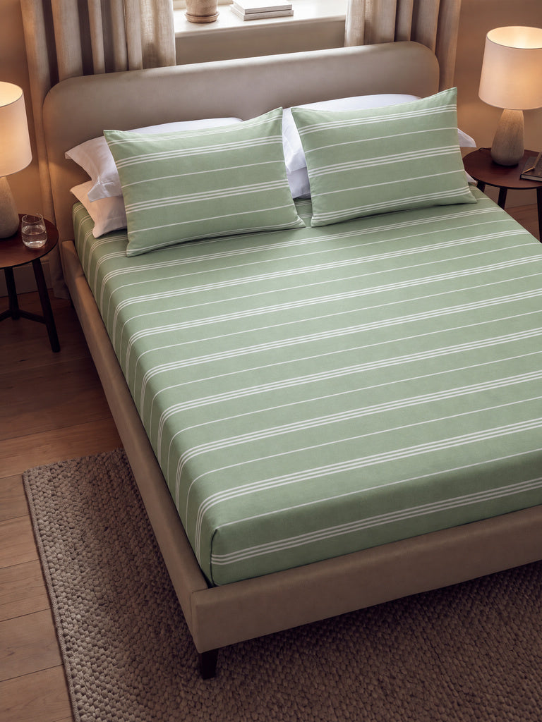 Westside Home Sage Striped Queen Fitted Bed Sheet Set