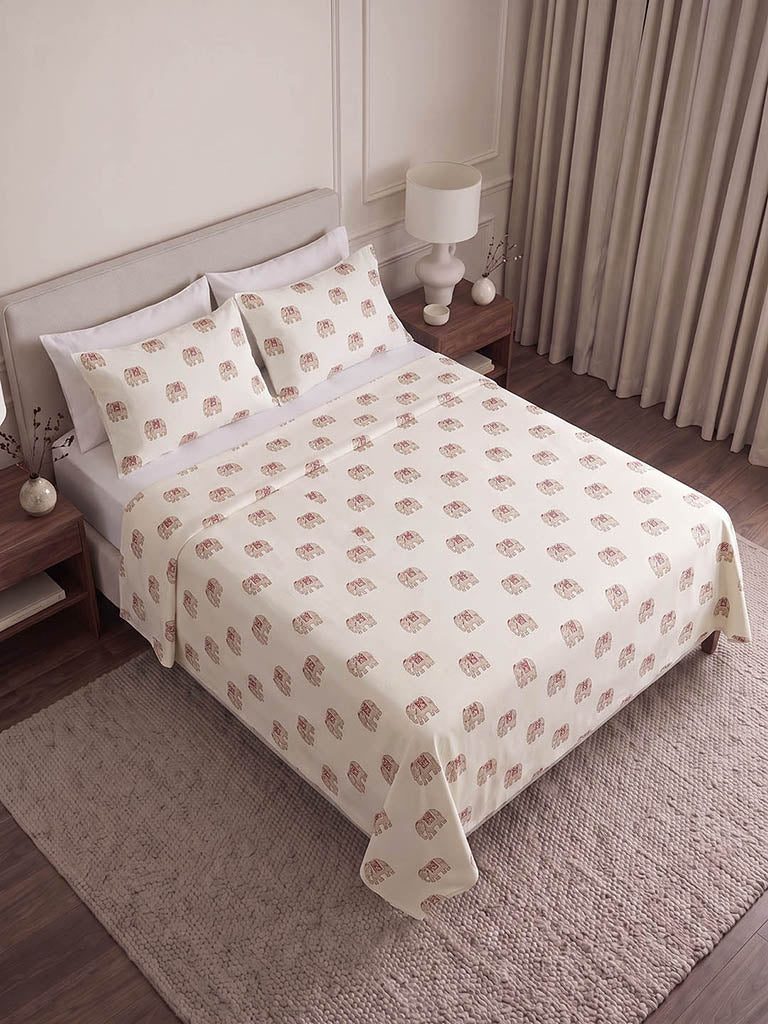 Westside Home Off-White Elephant Printed King Bed Sheet Set