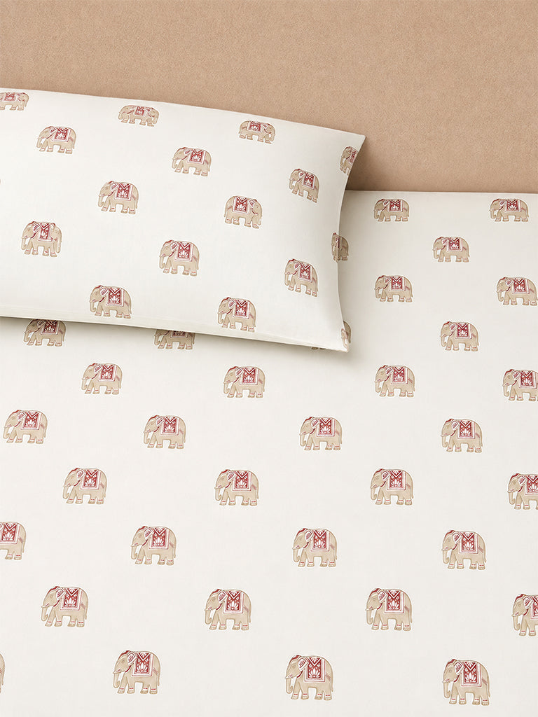 Westside Home Off-White Elephant Printed King Bed Sheet Set