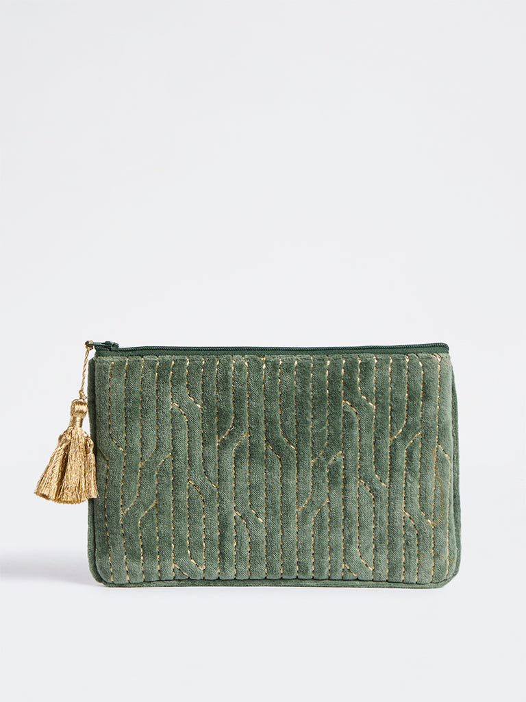 Westside Home Sage Geometric Embroidered Pouch