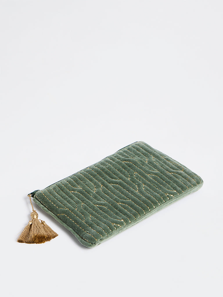 Westside Home Sage Geometric Embroidered Pouch