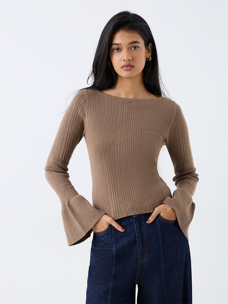 LOV Taupe Ribbed-Textured Top
