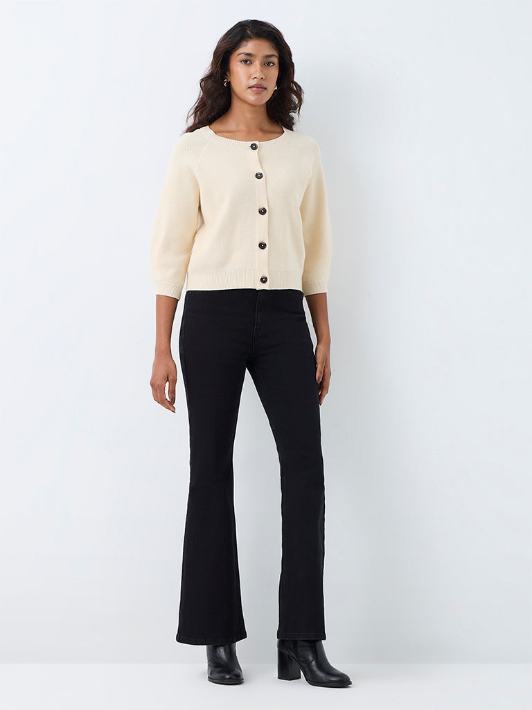 LOV Off-White Ribbed-Knit Cardigan