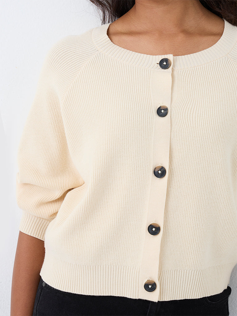LOV Off-White Ribbed-Knit Cardigan