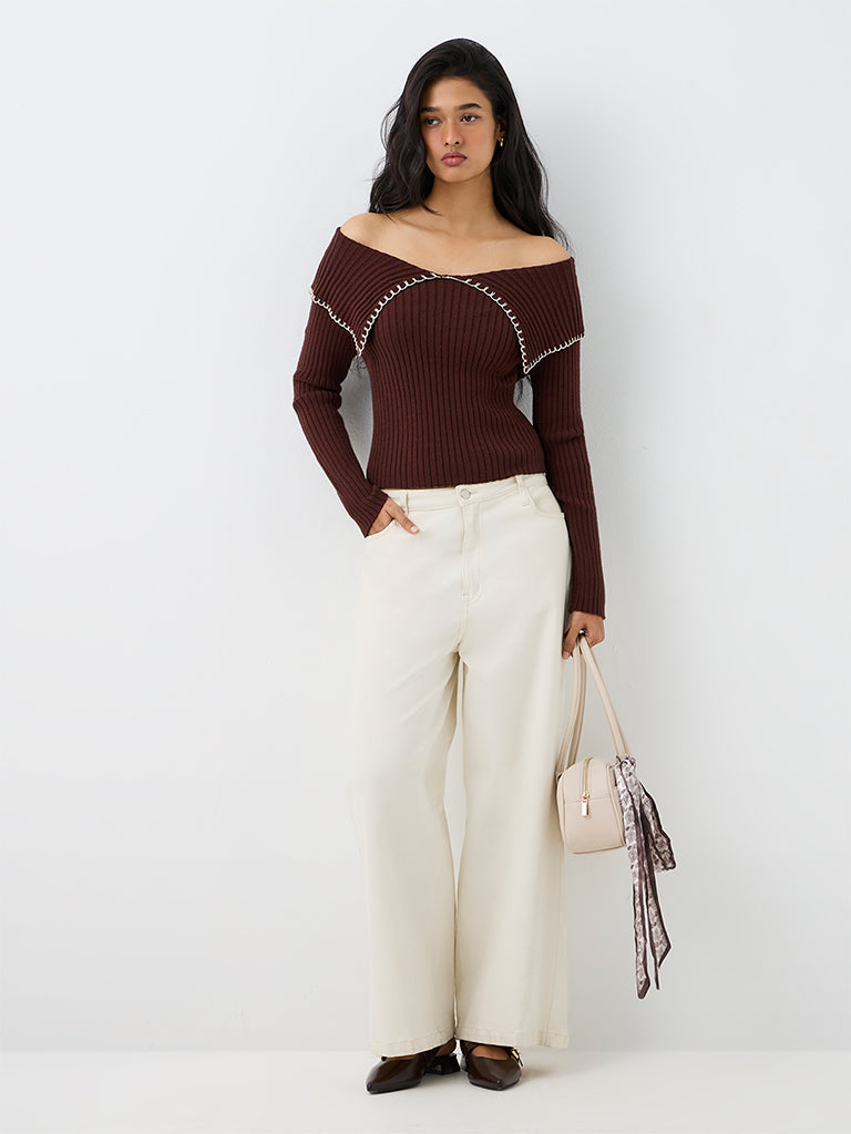 LOV Dark Brown Ribbed-Knit Off-Shoulder Top