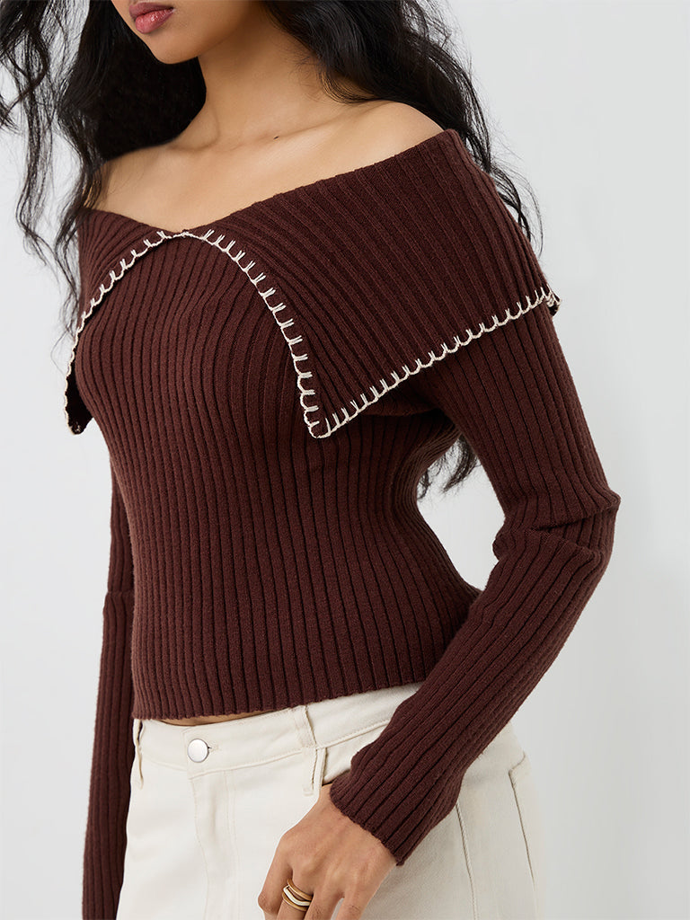 LOV Dark Brown Ribbed-Knit Off-Shoulder Top
