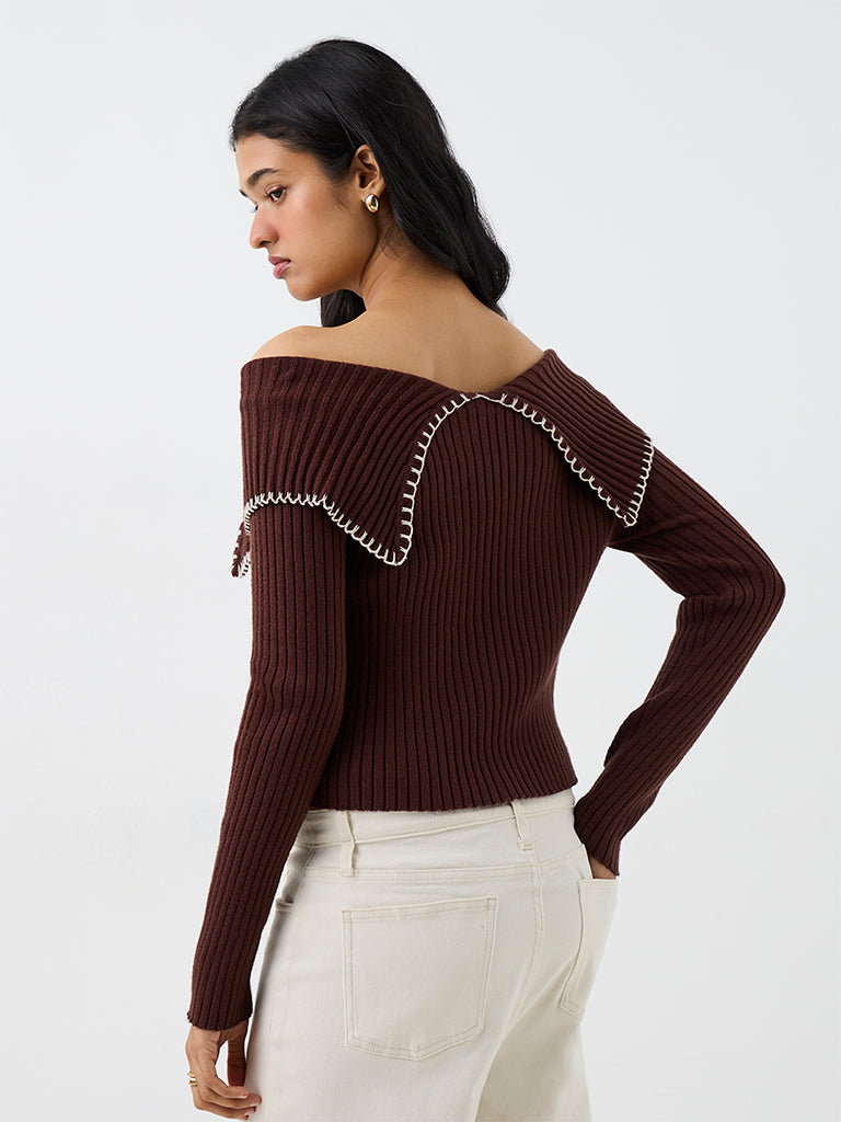 LOV Dark Brown Ribbed-Knit Off-Shoulder Top