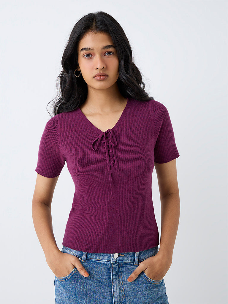 LOV Plum Rib-Knitted Tie-Up Top