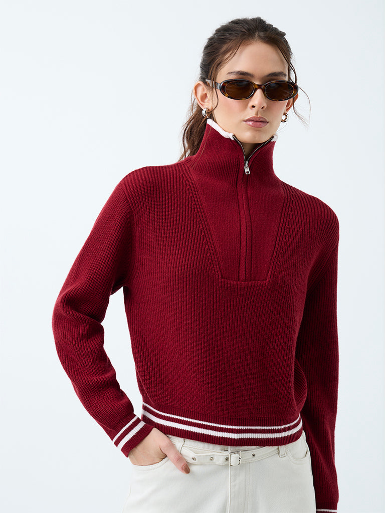 LOV Burgundy Knitted Quarter Zip Sweater