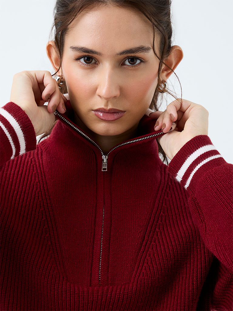 LOV Burgundy Knitted Quarter Zip Sweater