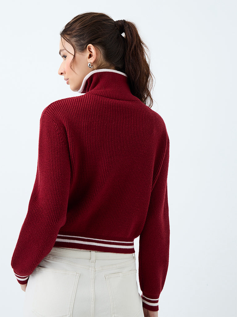 LOV Burgundy Knitted Quarter Zip Sweater