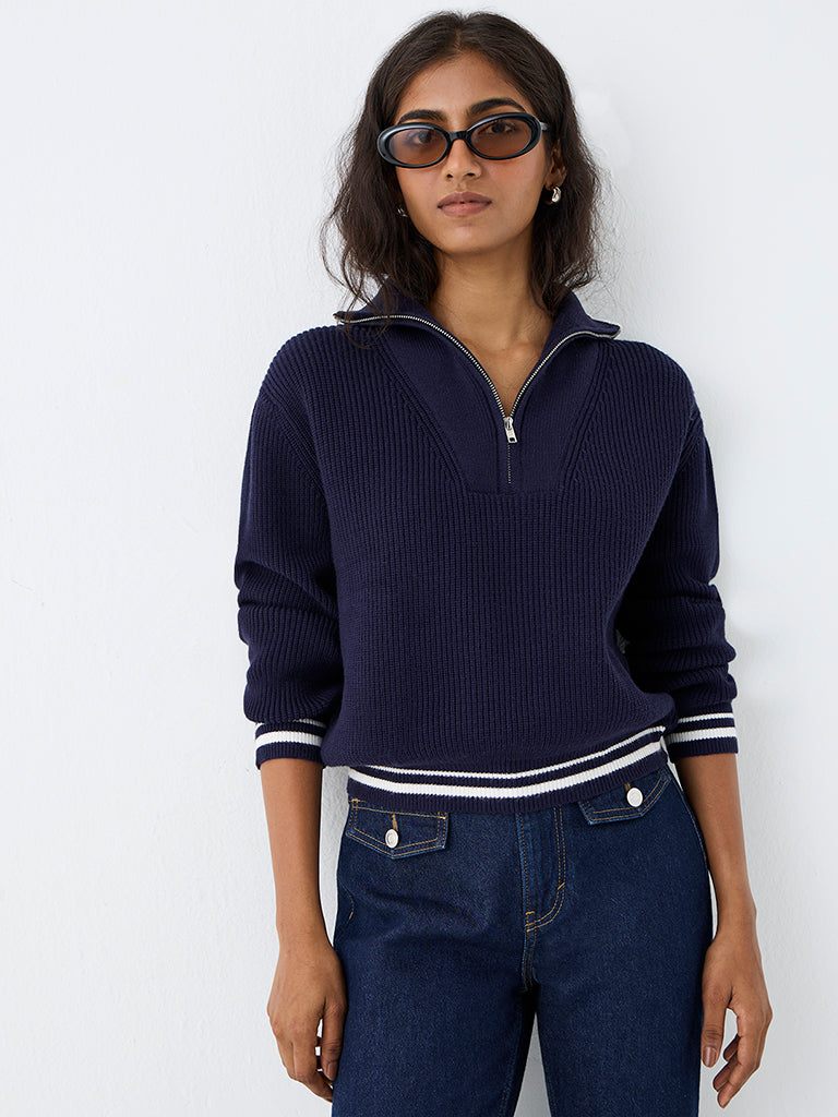 LOV Navy Ribbed-Knit Quarter-Zip Cardigan