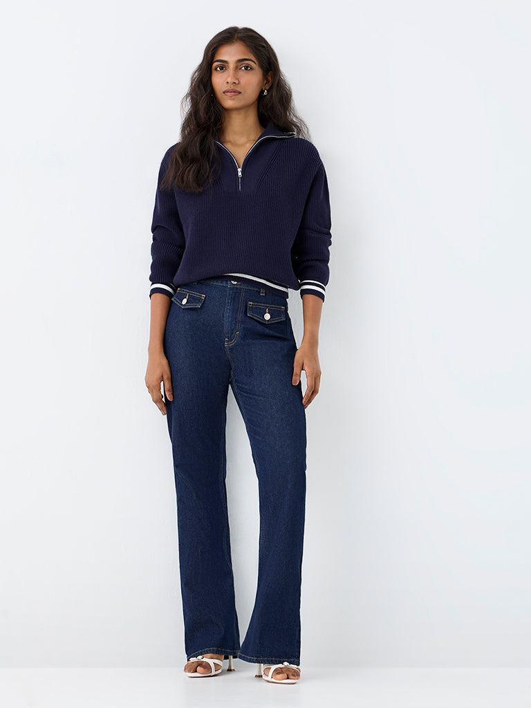 LOV Navy Ribbed-Knit Quarter-Zip Cardigan