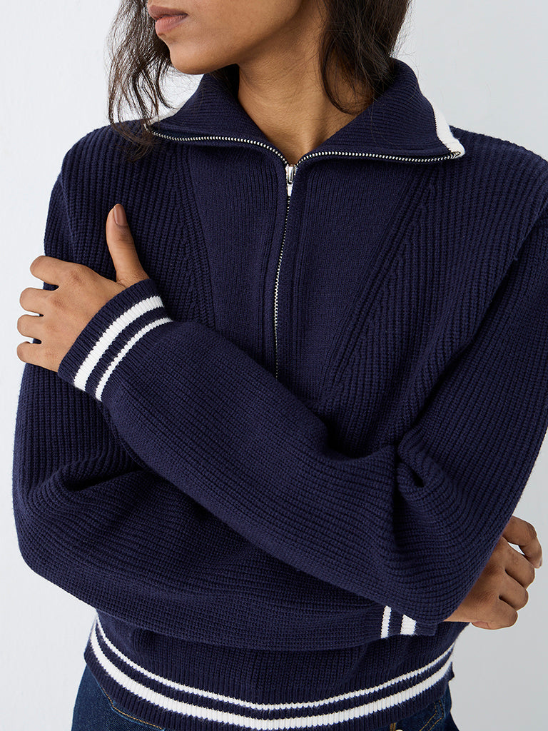 LOV Navy Ribbed-Knit Quarter-Zip Cardigan