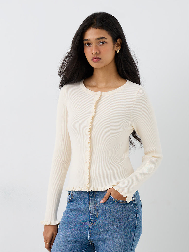 LOV Ivory Ribbed-Knit Ruffled Cardigan