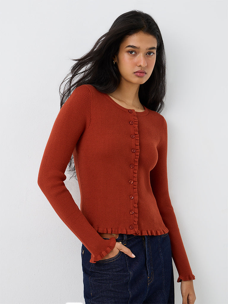 LOV Rust Ribbed-Knit Ruffled Cardigan