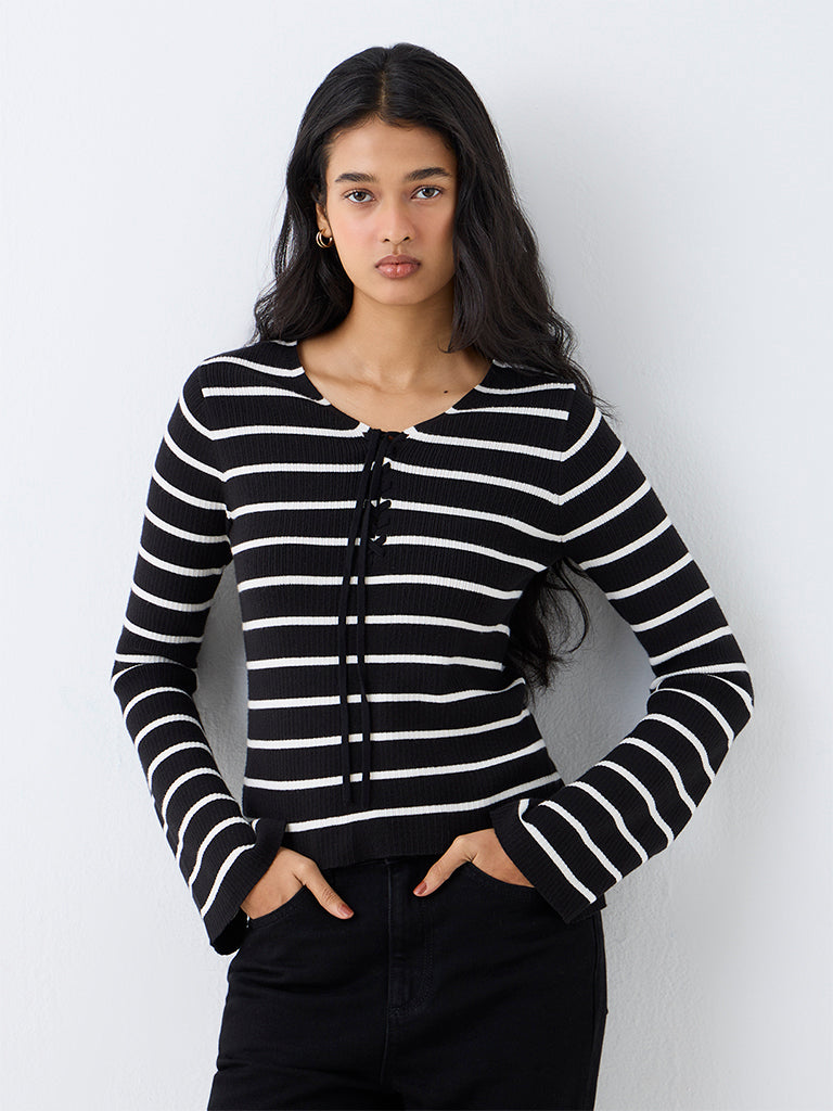 LOV Black Striped Ribbed-Textured Top