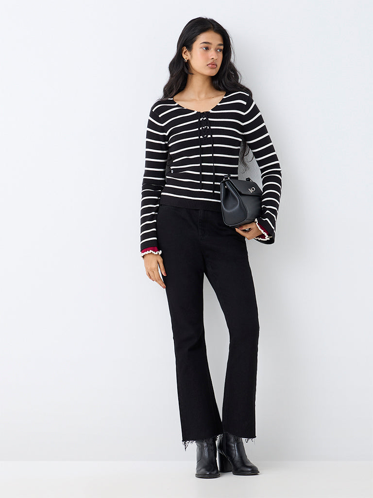 LOV Black Striped Ribbed-Textured Top