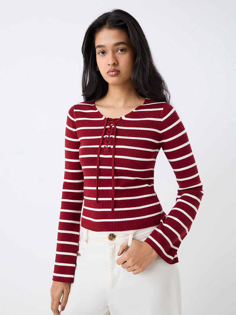 LOV Red Striped Ribbed-Textured Top