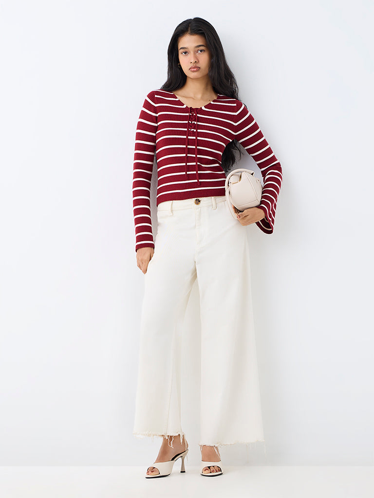 LOV Red Striped Ribbed-Textured Top