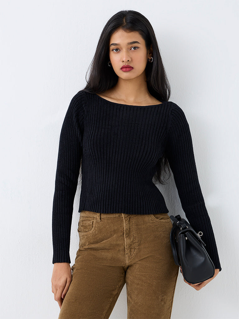 LOV Black Ribbed-Textured Top