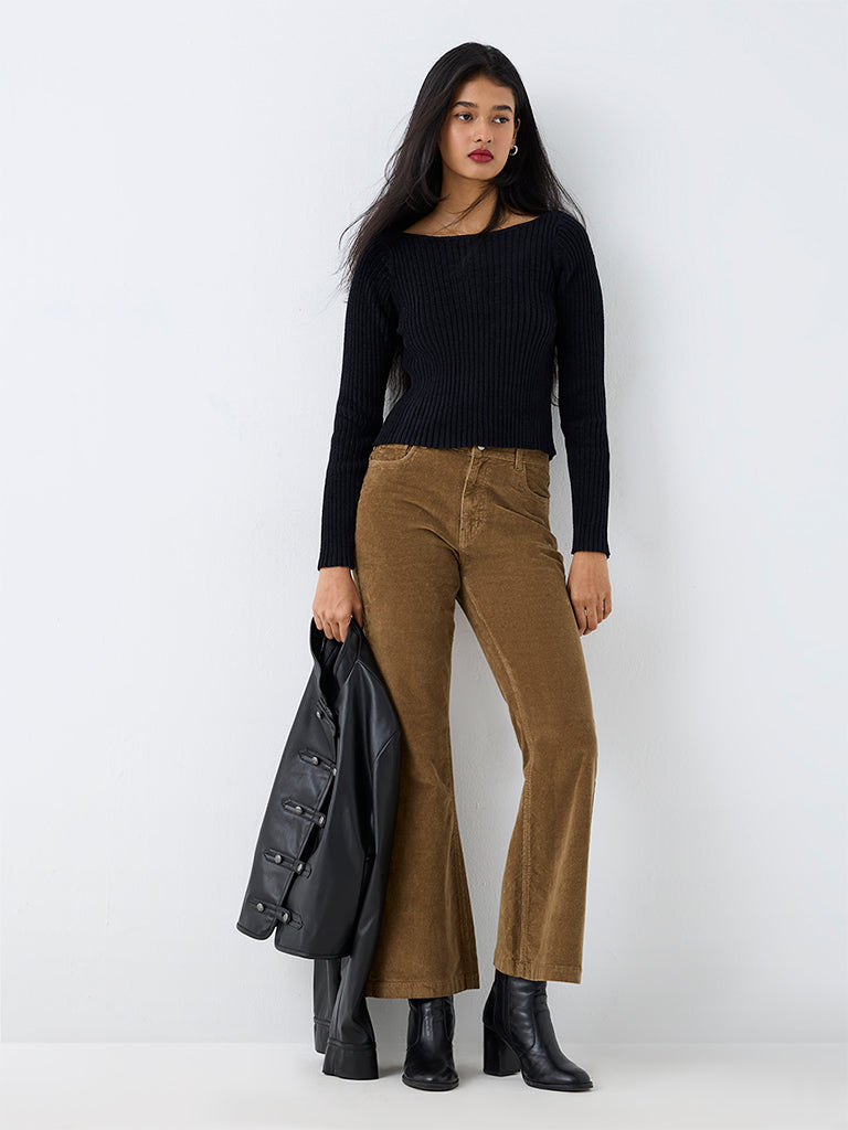 LOV Black Ribbed-Textured Top