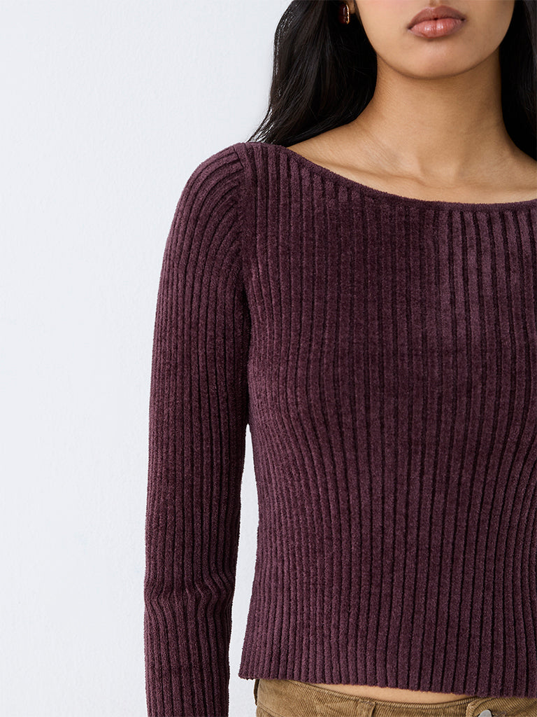 LOV Dark Plum Ribbed-Textured Top