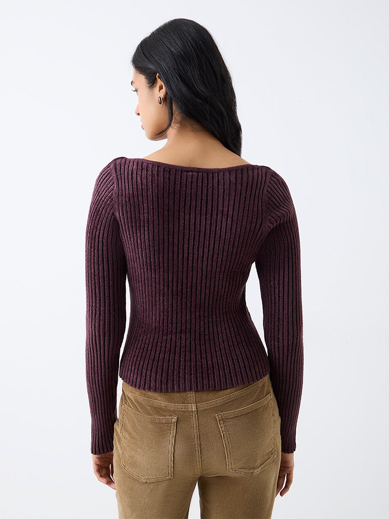 LOV Dark Plum Ribbed-Textured Top