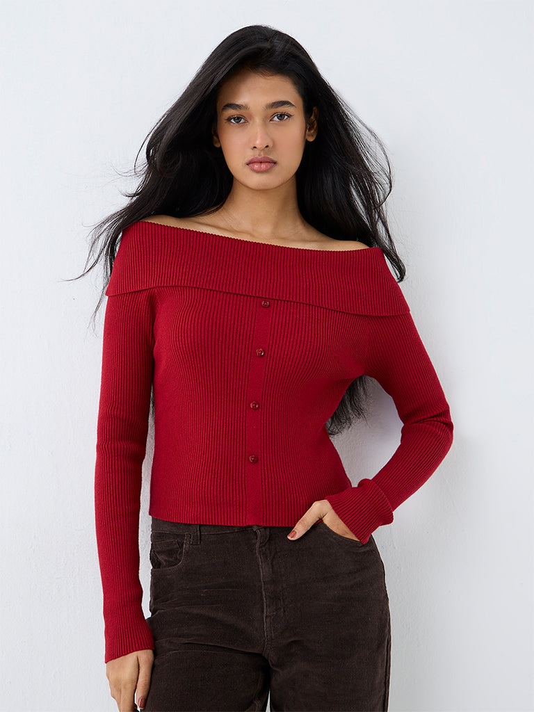 LOV Red Ribbed-Textured Off-Shoulder Top